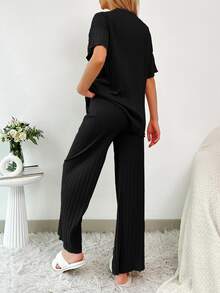 EURMUSE 2Pcs/Women's Button Details And Lettuce Trim Detail Homewear Lounge Set - Black - View 2