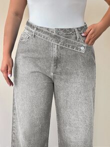 EURMUSE 100% Cotton Plus High Waist Asymmetric Belt Wide Leg Jean - Grey - View 5