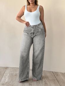 EURMUSE 100% Cotton Plus High Waist Asymmetric Belt Wide Leg Jean - Grey - View 7