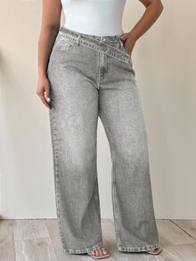 EURMUSE 100% Cotton Plus High Waist Asymmetric Belt Wide Leg Jean - Grey - View 6