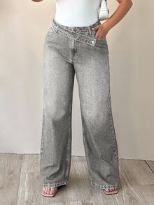 EURMUSE 100% Cotton Plus High Waist Asymmetric Belt Wide Leg Jean - Grey - View 8