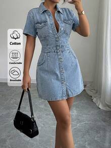 EURMUSE Women's Single-Breasted Short Sleeve Denim Dress - Medium Wash - View 2
