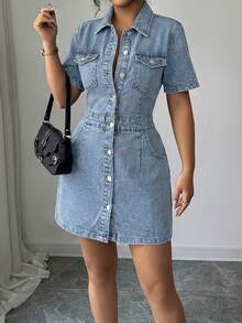 EURMUSE Women's Single-Breasted Short Sleeve Denim Dress - Medium Wash - View 5