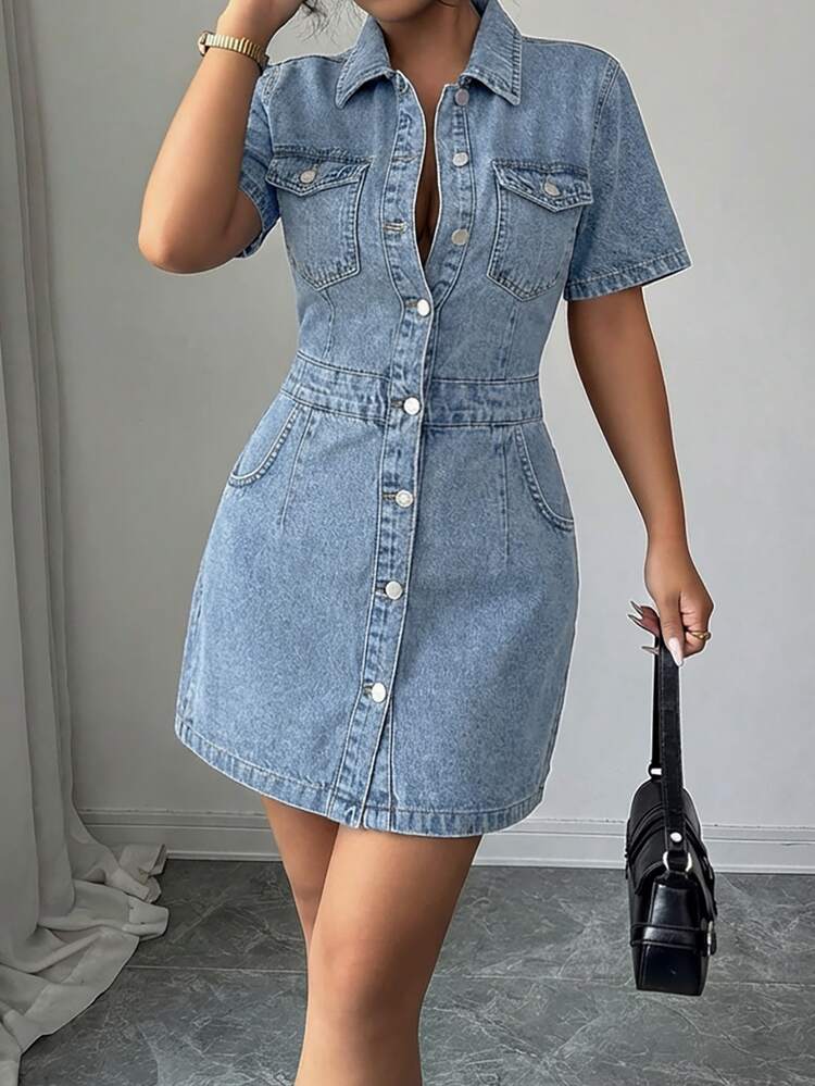 EURMUSE Women's Single-Breasted Short Sleeve Denim Dress - Medium Wash - View 3