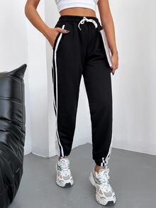 EURMUSE Contrast Tape Drawstring Waist Slant Pocket Joggers - Black - View 7