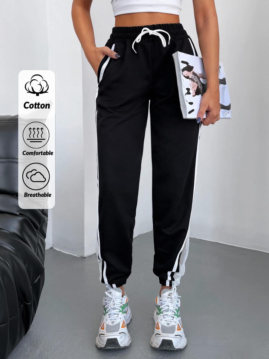 EURMUSE Contrast Tape Drawstring Waist Slant Pocket Joggers