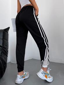 EURMUSE Contrast Tape Drawstring Waist Slant Pocket Joggers - Black - View 3