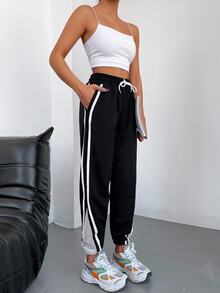 EURMUSE Contrast Tape Drawstring Waist Slant Pocket Joggers - Black - View 6
