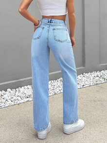EURMUSE Petite HIGH RISE STRAIGHT CUT Aqua Blue JEAN TALL Women Clothes Summer Clothes Bottoms Summer Sets, Petite Women Travel Vacation Streetwear Casual - Light Wash - View 3