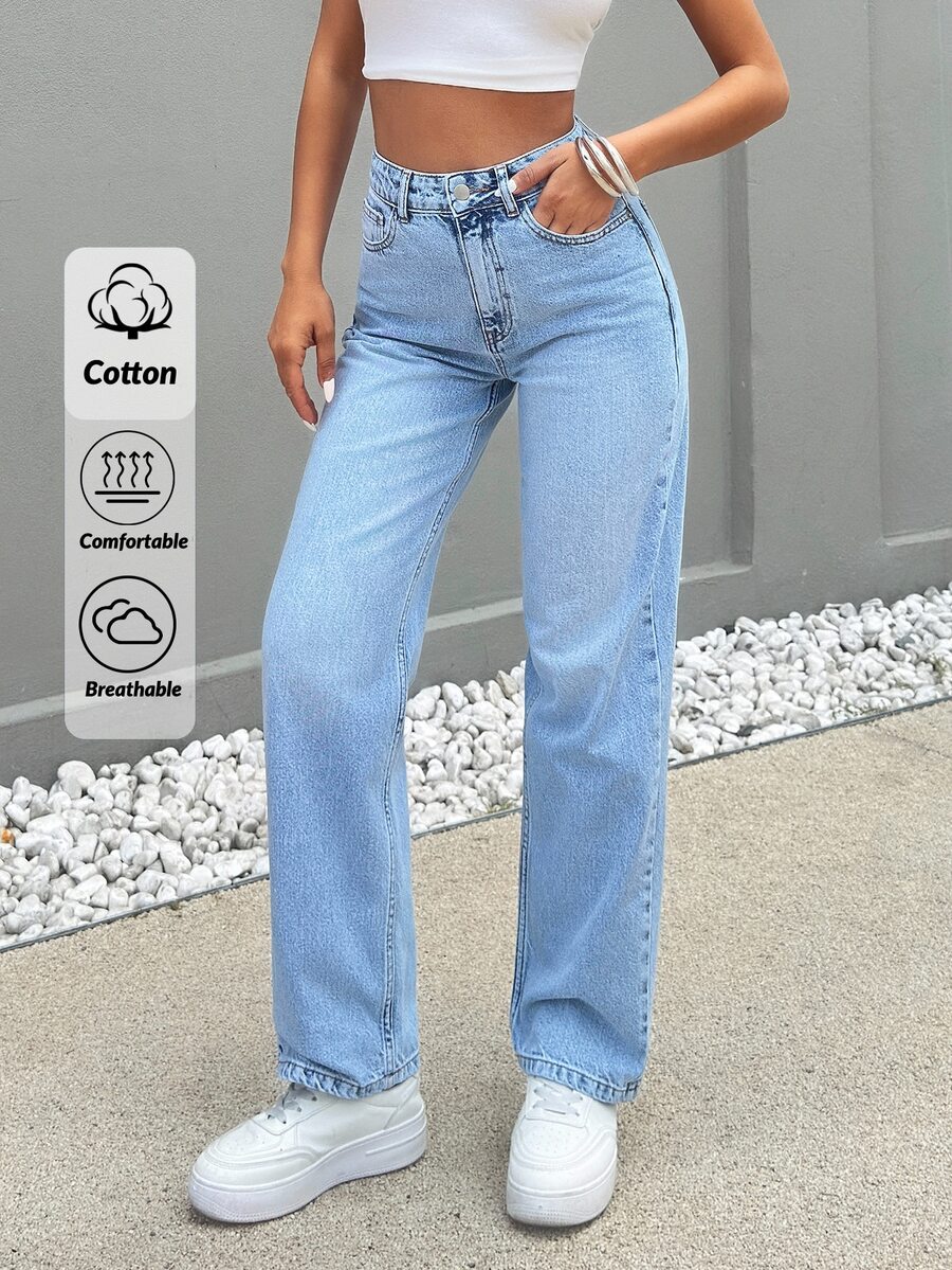 EURMUSE Petite HIGH RISE STRAIGHT CUT Aqua Blue JEAN TALL Women Clothes Summer Clothes Bottoms Summer Sets, Petite Women Travel Vacation Streetwear Casual