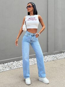 EURMUSE Petite HIGH RISE STRAIGHT CUT Aqua Blue JEAN TALL Women Clothes Summer Clothes Bottoms Summer Sets, Petite Women Travel Vacation Streetwear Casual - Light Wash - View 6
