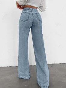 SHEIN Tall 100%Cotton HIGH WAIST WIDE LEG LONG HEM TALL JEAN - Baby Blue - View 2