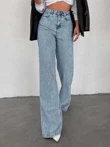 SHEIN Tall 100%Cotton HIGH WAIST WIDE LEG LONG HEM TALL JEAN - Baby Blue - View 3