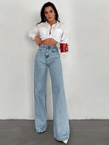 SHEIN Tall 100%Cotton HIGH WAIST WIDE LEG LONG HEM TALL JEAN - Baby Blue - View 4