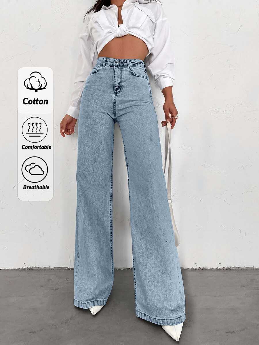 SHEIN Tall 100%Cotton HIGH WAIST WIDE LEG LONG HEM TALL JEAN - Baby Blue - View 1