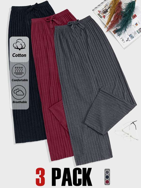 EURMUSE Petite 3pcs Rib Knit Black Burgundy Grey Fake Drawsting Detail Long Pants Homewear Comfort Casual Lounge Women PETITE Size Sleep Bottoms Set For Autumn