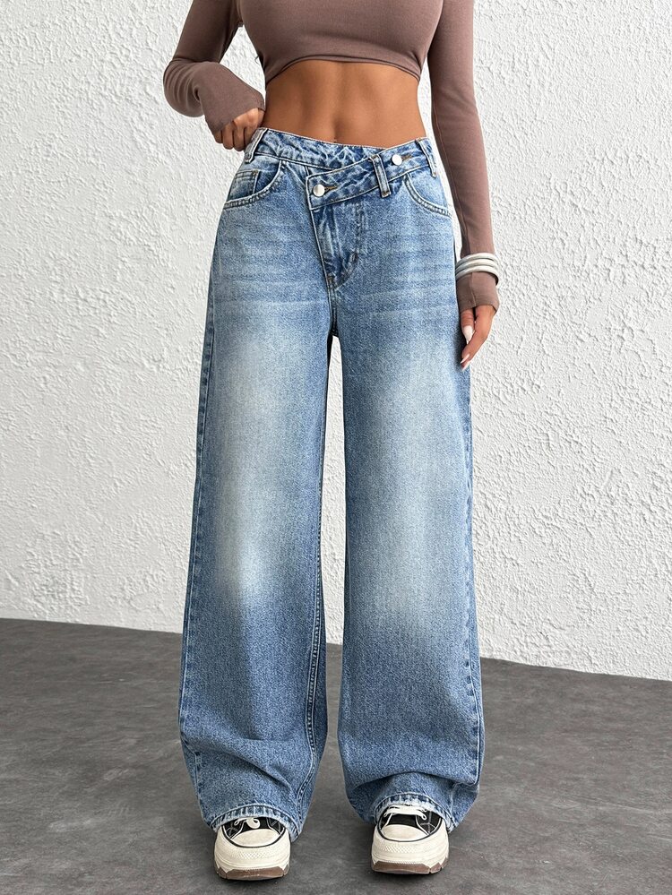 CasuGlow WOMEN CLASSIC HIGH WAIST WIDELEG MEDIUM WASH DENIM JEAN ASYMETRIC WAIST Y2K Casual Baggy Loose Everyday Going Out Light Blue Summer - Medium Wash - View 6
