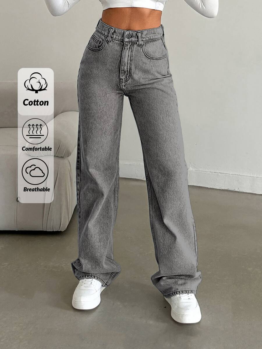 SHEIN Tall Snow Wash Jeans med raka ben, hög rese för lång - Ljusgrå - Visa 1