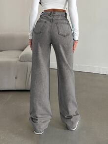 SHEIN Tall Snow Wash Jeans med raka ben, hög rese för lång - Ljusgrå - Visa 2