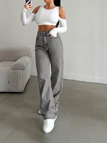 SHEIN Tall Snow Wash Jeans med raka ben, hög rese för lång - Ljusgrå - Visa 5