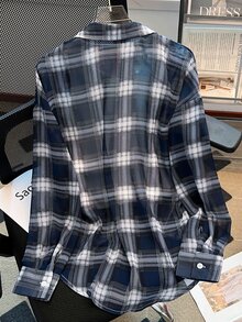 SHEIN 女士格子轻薄休闲宽松衬衫，时尚防晒，春夏款 - 藍色 - 查看 2