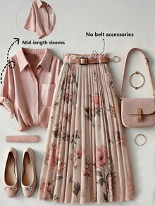 SHEIN Franclia Women's Pink Short Sleeve Shirt + Floral Pattern Midi Skirt 2-Piece Set, Elegant Romantic Style Suitable For Daily Outings - Multicolor - View 1