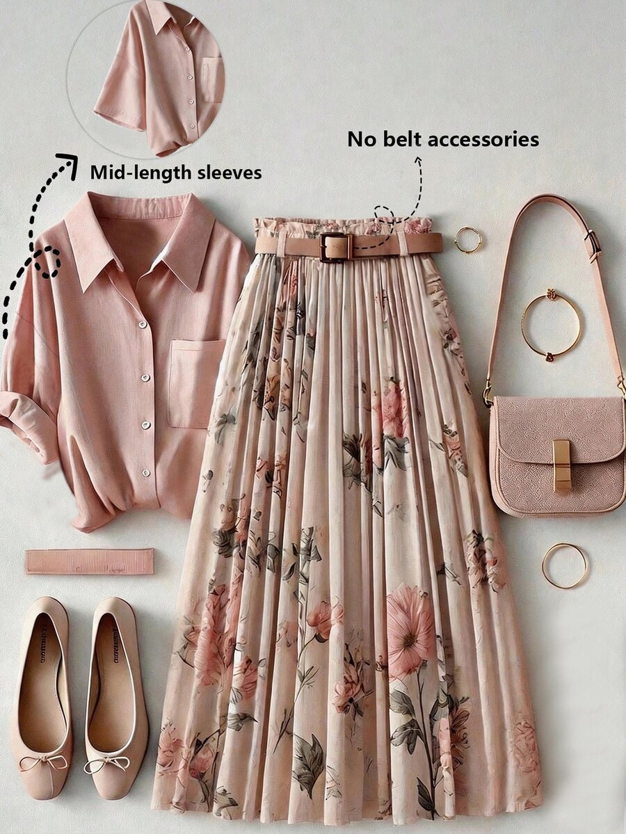 SHEIN Franclia Women's Pink Short Sleeve Shirt + Floral Pattern Midi Skirt 2-Piece Set, Elegant Romantic Style Suitable For Daily Outings - Multicolor - View 1