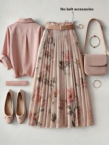 SHEIN Franclia Women's Pink Short Sleeve Shirt + Floral Pattern Midi Skirt 2-Piece Set, Elegant Romantic Style Suitable For Daily Outings - Multicolor - View 2