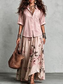 SHEIN Franclia Women's Pink Short Sleeve Shirt + Floral Pattern Midi Skirt 2-Piece Set, Elegant Romantic Style Suitable For Daily Outings - Multicolor - View 5