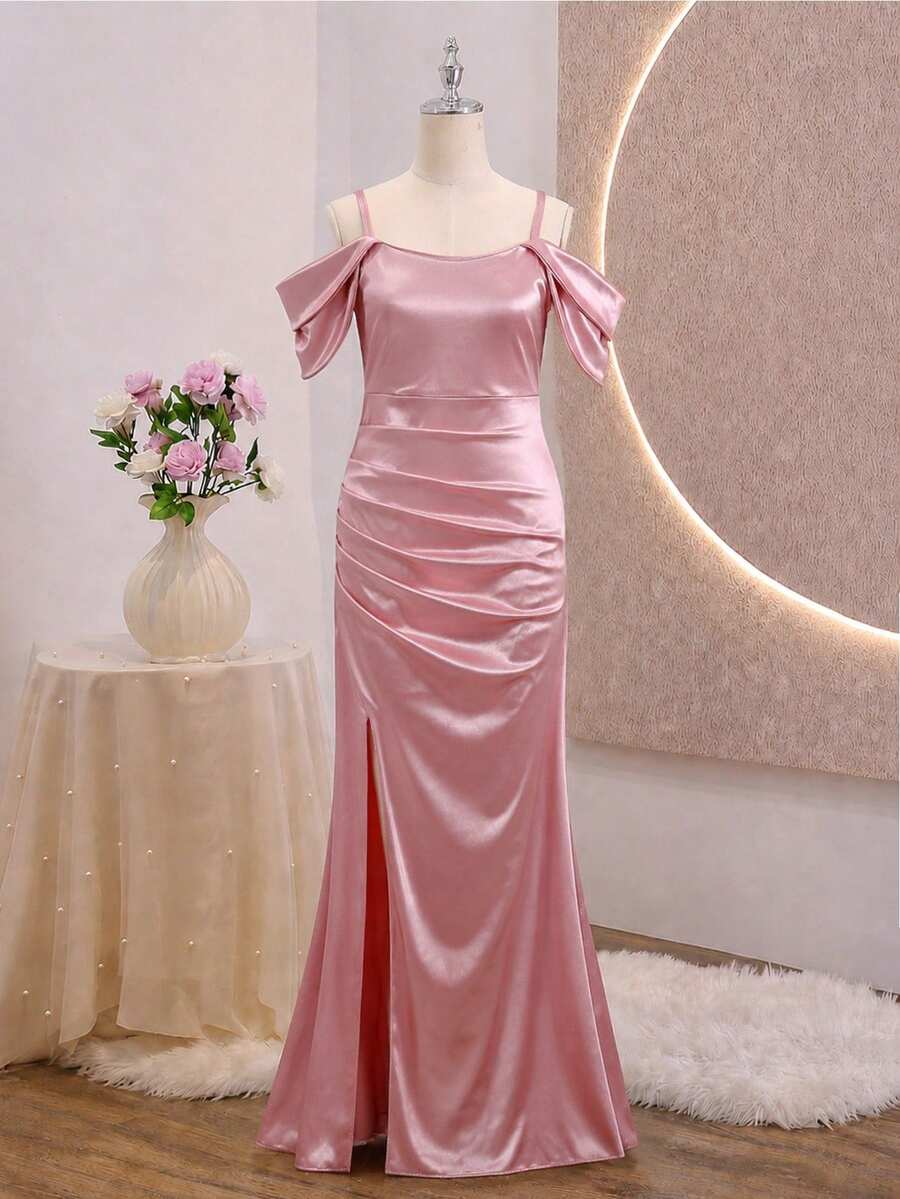 SHEIN فستان العودة إلى الوطن في الخريف للفتيات، فستان أنيق حلو من الساتان بأكتاف باردة مع شق جانبي للزفاف والحفلات