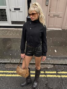 TRNVIE Commuter Street Casual Style Asymmetric Diagonal Button Front Ribbed Patchwork High Neck Cropped Overcoat Everyday Black Autumn - Black - View 3