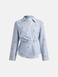 Girlism Tween Girl Autumn/Winter New Blue & White Striped Cherry Pattern Collared Button-Front Asymmetric Hem Ruched Loose Long Sleeve Shirt, Casual Everyday School Style, Back To School - Blue - View 3