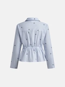 Girlism Tween Girl Autumn/Winter New Blue & White Striped Cherry Pattern Collared Button-Front Asymmetric Hem Ruched Loose Long Sleeve Shirt, Casual Everyday School Style, Back To School - Blue - View 2