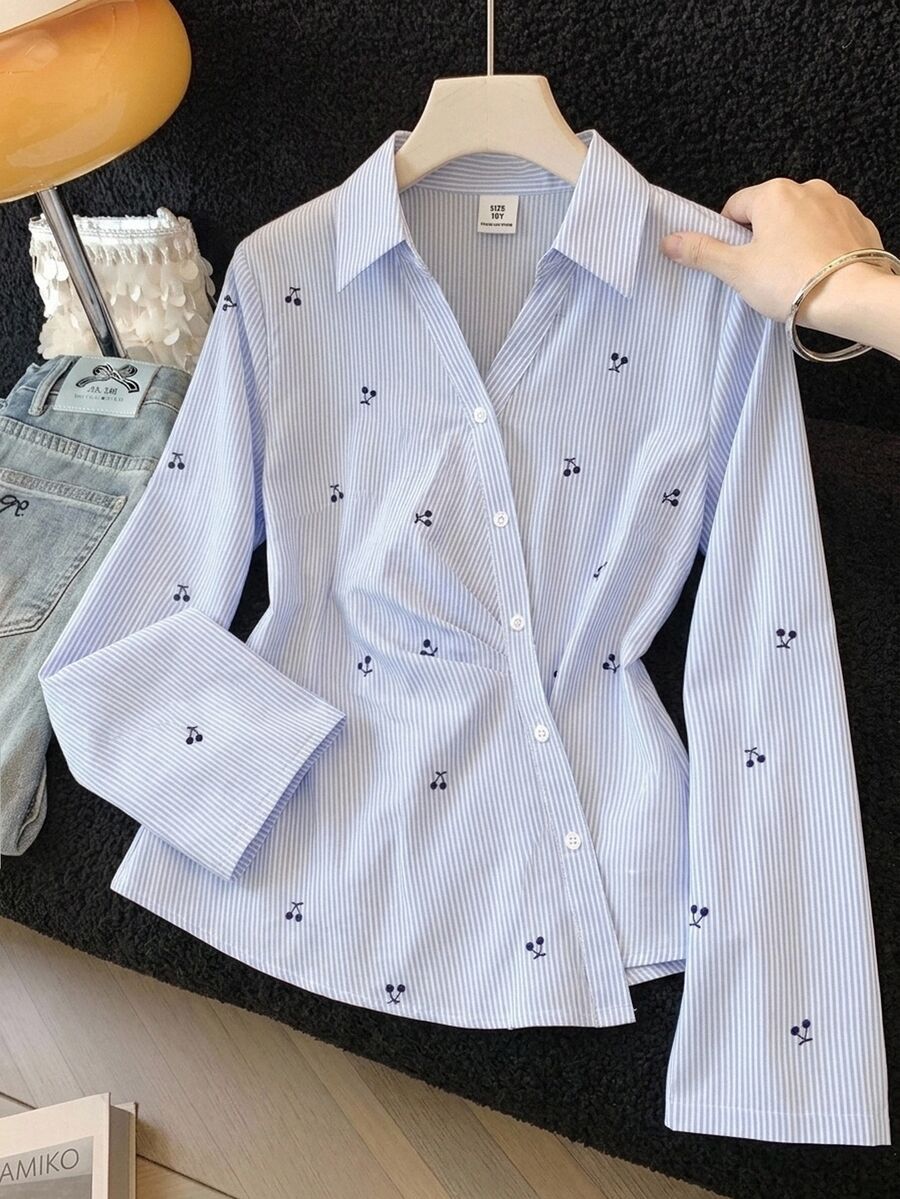 Girlism Tween Girl Autumn/Winter New Blue & White Striped Cherry Pattern Collared Button-Front Asymmetric Hem Ruched Loose Long Sleeve Shirt, Casual Everyday School Style, Back To School - Blue - View 1