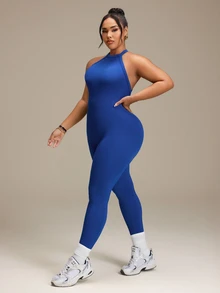 SHEIN Rhythm Era Women's Plus Size Seamless Blue Backless Ribbed Sports Jumpsuit - Navy Blue - View 5
