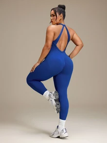 SHEIN Rhythm Era Women's Plus Size Seamless Blue Backless Ribbed Sports Jumpsuit - Navy Blue - View 2
