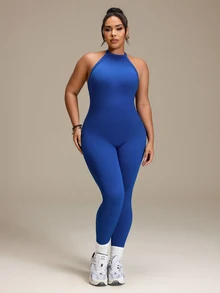 SHEIN Rhythm Era Women's Plus Size Seamless Blue Backless Ribbed Sports Jumpsuit - Navy Blue - View 4
