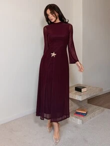Modelyn 女款純色金屬裝飾休閒派對長洋裝 - 酒紅色 - 查看 8