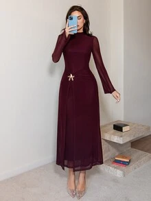 Modelyn 女款純色金屬裝飾休閒派對長洋裝 - 酒紅色 - 查看 4
