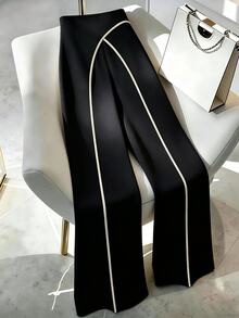 Elenzga Women Summer Classy Elegant Cream Black Overlapping 2 In 1 Pants,Winter Work Office Colorblock Commuter Side Zipper Easy On/Off Casual Versatile Pants - Black - View 5