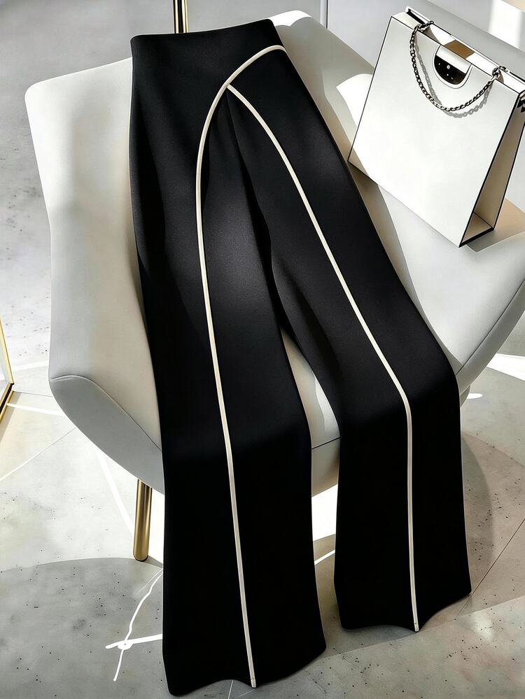 Elenzga Women Summer Classy Elegant Cream Black Overlapping 2 In 1 Pants,Winter Work Office Colorblock Commuter Side Zipper Easy On/Off Casual Versatile Pants - Black - View 5