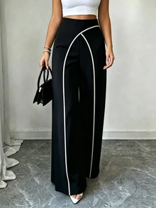 Elenzga Women Summer Classy Elegant Cream Black Overlapping 2 In 1 Pants,Winter Work Office Colorblock Commuter Side Zipper Easy On/Off Casual Versatile Pants - Black - View 3