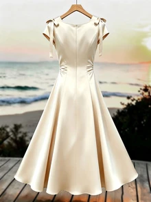 GlowEve CURVE Plus Size Summer Elegant Solid Color Bowknot Decor Dress Brunch Wedding Champagne Festival Outfit Women Elegant Dress For Women Vacation - Apricot - View 2
