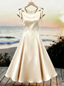 GlowEve CURVE Plus Size Summer Elegant Solid Color Bowknot Decor Dress Brunch Wedding Champagne Festival Outfit Women Elegant Dress For Women Vacation - Apricot - View 4