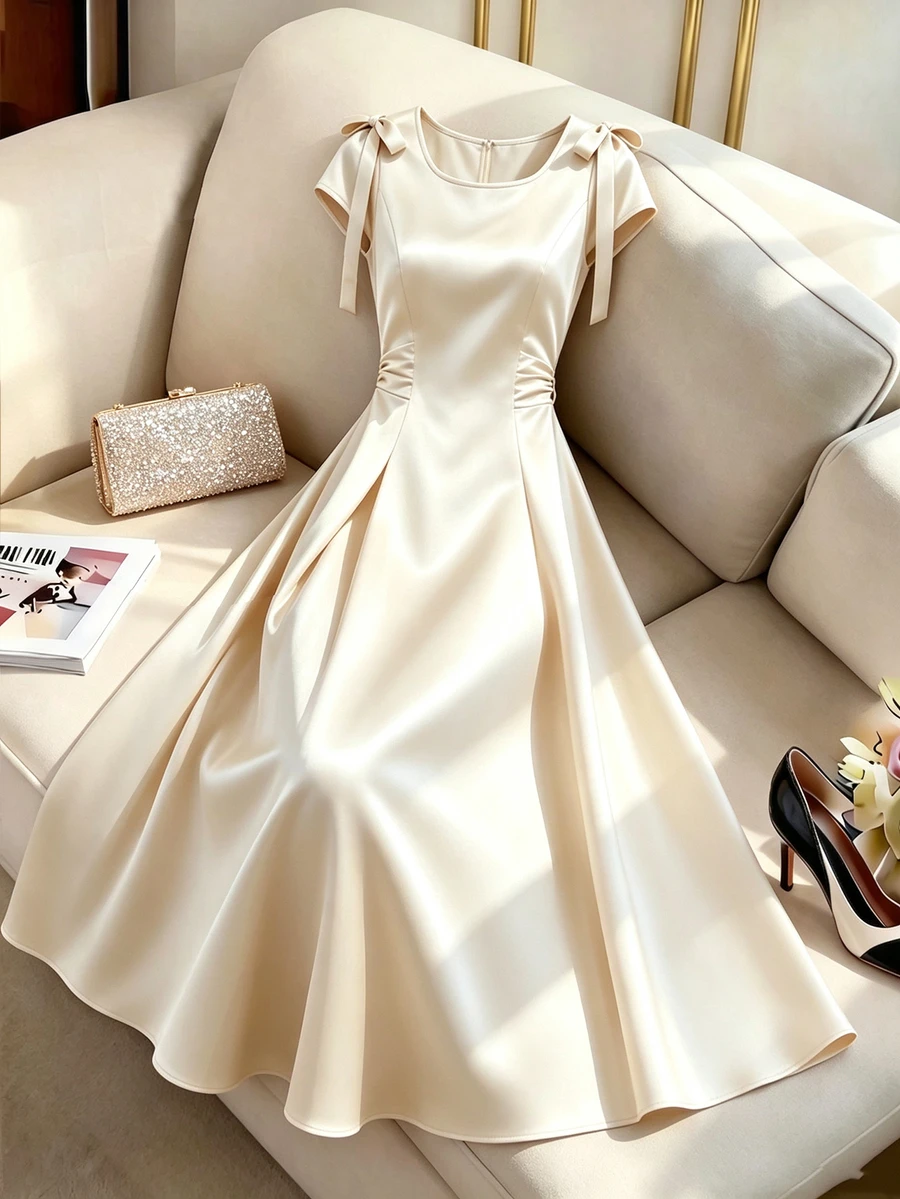 GlowEve CURVE Plus Size Summer Elegant Solid Color Bowknot Decor Dress Brunch Wedding Champagne Festival Outfit Women Elegant Dress For Women Vacation - Apricot - View 1