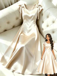 GlowEve CURVE Plus Size Summer Elegant Solid Color Bowknot Decor Dress Brunch Wedding Champagne Festival Outfit Women Elegant Dress For Women Vacation - Apricot - View 3