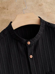 HIMLAND Men's Casual Woven Letter Patch Decor Small Stand Collar Fitted Short Sleeve Shirt - Black - View 4