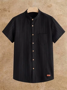 HIMLAND Men's Casual Woven Letter Patch Decor Small Stand Collar Fitted Short Sleeve Shirt - Black - View 1
