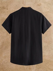 HIMLAND Men's Casual Woven Letter Patch Decor Small Stand Collar Fitted Short Sleeve Shirt - Black - View 3