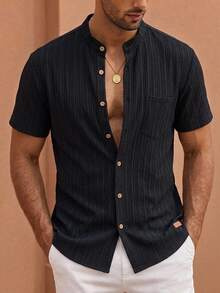 HIMLAND Men's Casual Woven Letter Patch Decor Small Stand Collar Fitted Short Sleeve Shirt - Black - View 2